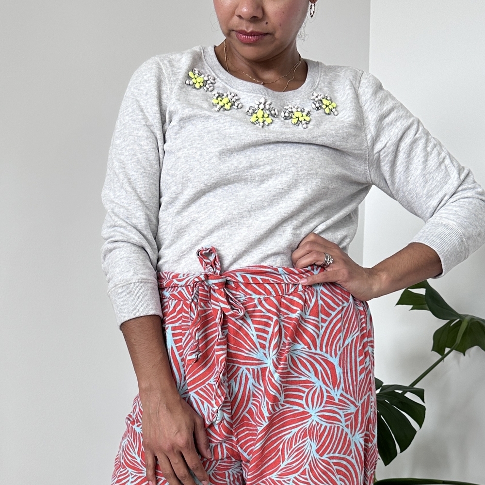 Millenial JCrew Gray Sweatshirt Neon Yellow Jeweled Neckline Embellishment M - Picture 1 of 7